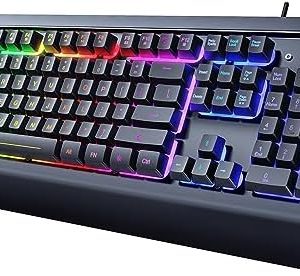 Dacoity Gaming Keyboard, 104 Keys All-Metal Panel, Rainbow LED Backlit Quiet, Wrist Rest, Multimedia Keys, Anti-ghosting Keys, Waterproof Light Up USB Wired Computer Keyboard for PC Mac Xbox