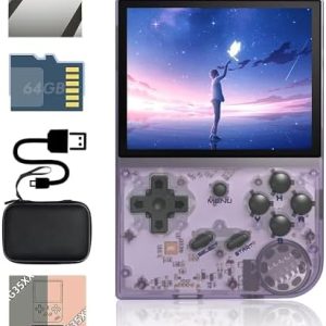 RG35XX Handheld Game Console 3.5 inch IPS Retro Games Consoles Classic Emulator Hand-held Gaming Console Preinstalled Hand Held Video Games System with Portable Case 64GB Transparent Purple